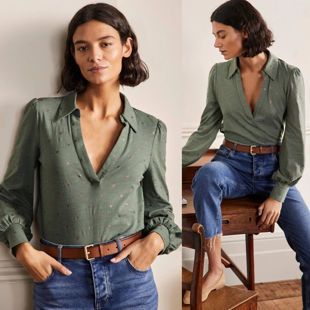 Boden Olive Green V-Neck Long Sleeve Blouse